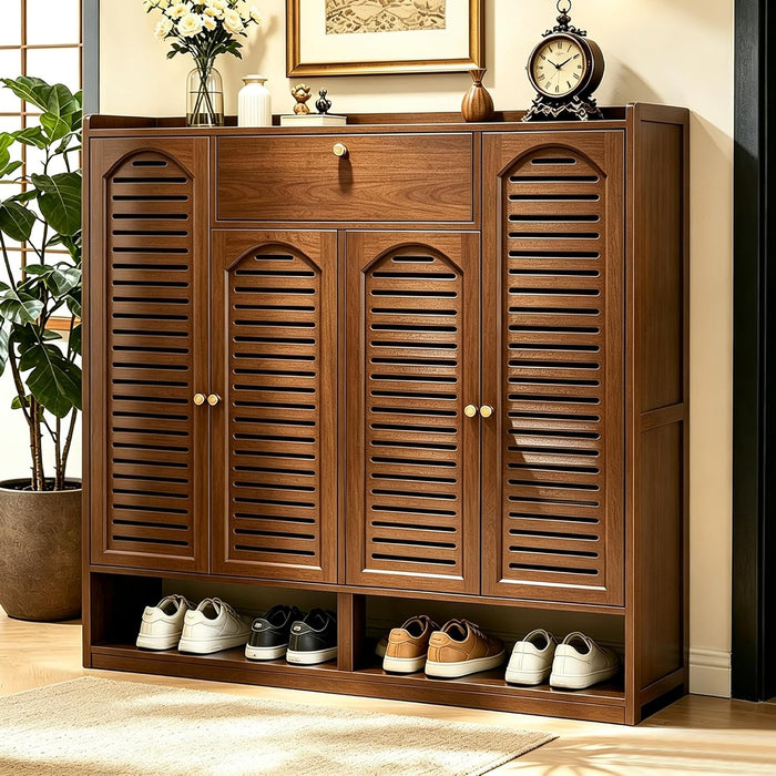 Bamboo Shoe Cabinet, 7-Tier Large Shoe Cabinet with Doors, 36-40 Pairs Shoes Organizer Rack for Entryway, Hallway, Closet, Living Room (Walnut)