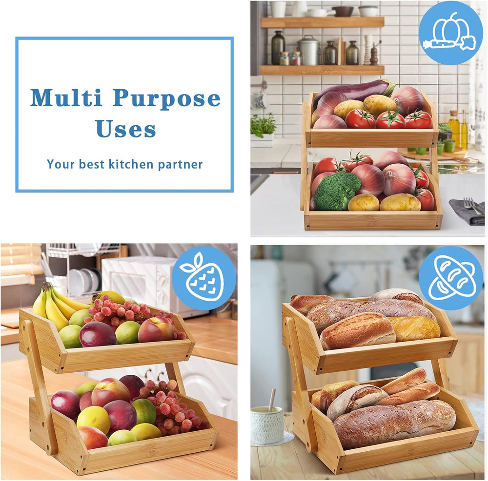 Merysen 2-Tier Bamboo Fruit Basket for Kitchen Countertop, Self-assembly