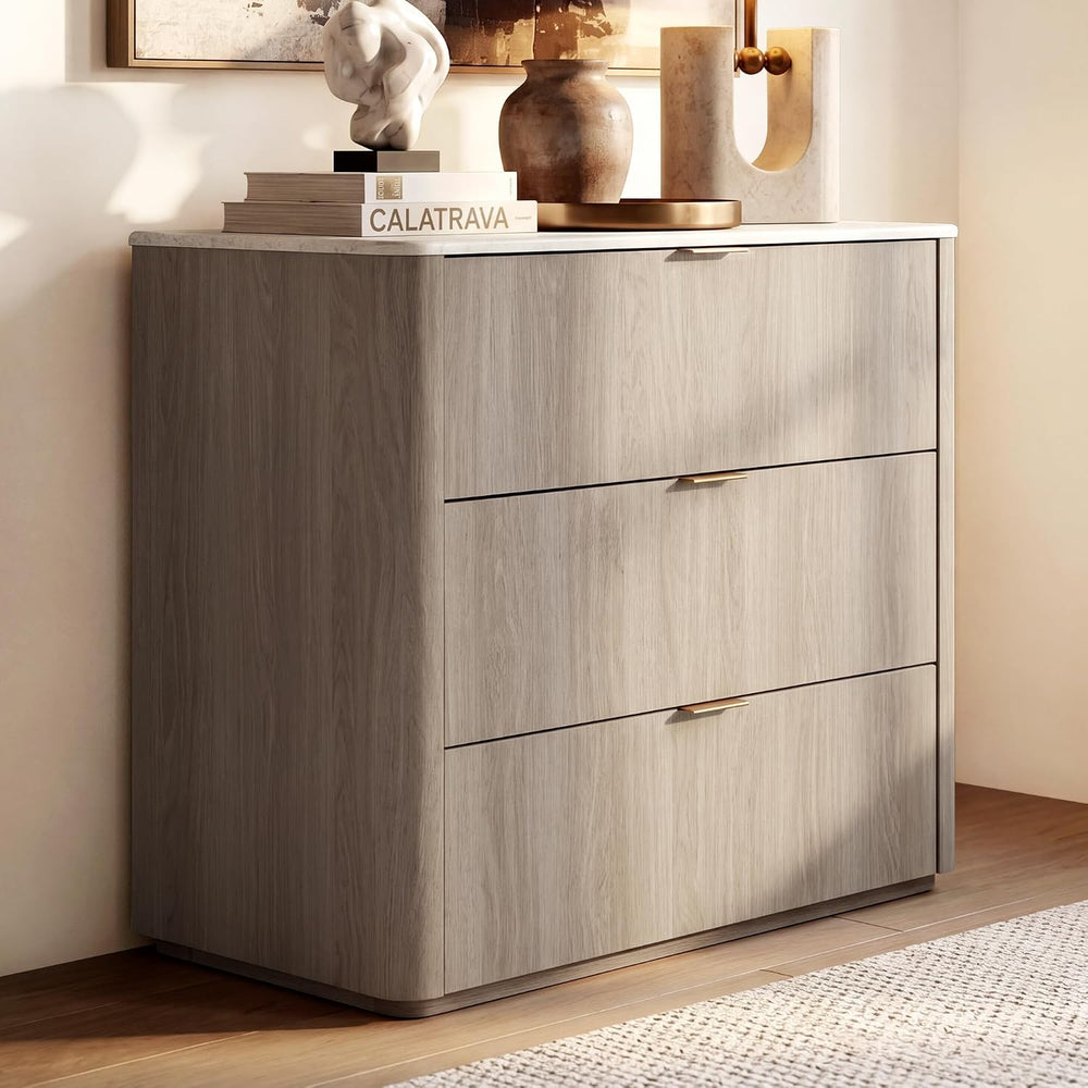 ModernMate 3 Drawer Dresser with Curved Profile & Faux Travertine Texture...