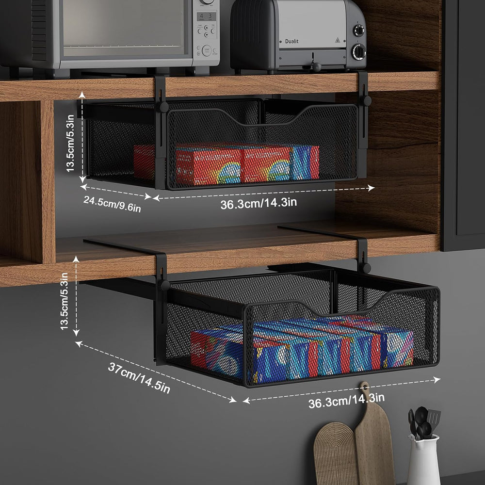 AmonHouseware 2Pack Under Shelf Basket Storage,Adjustable Hanging Arm,Black
