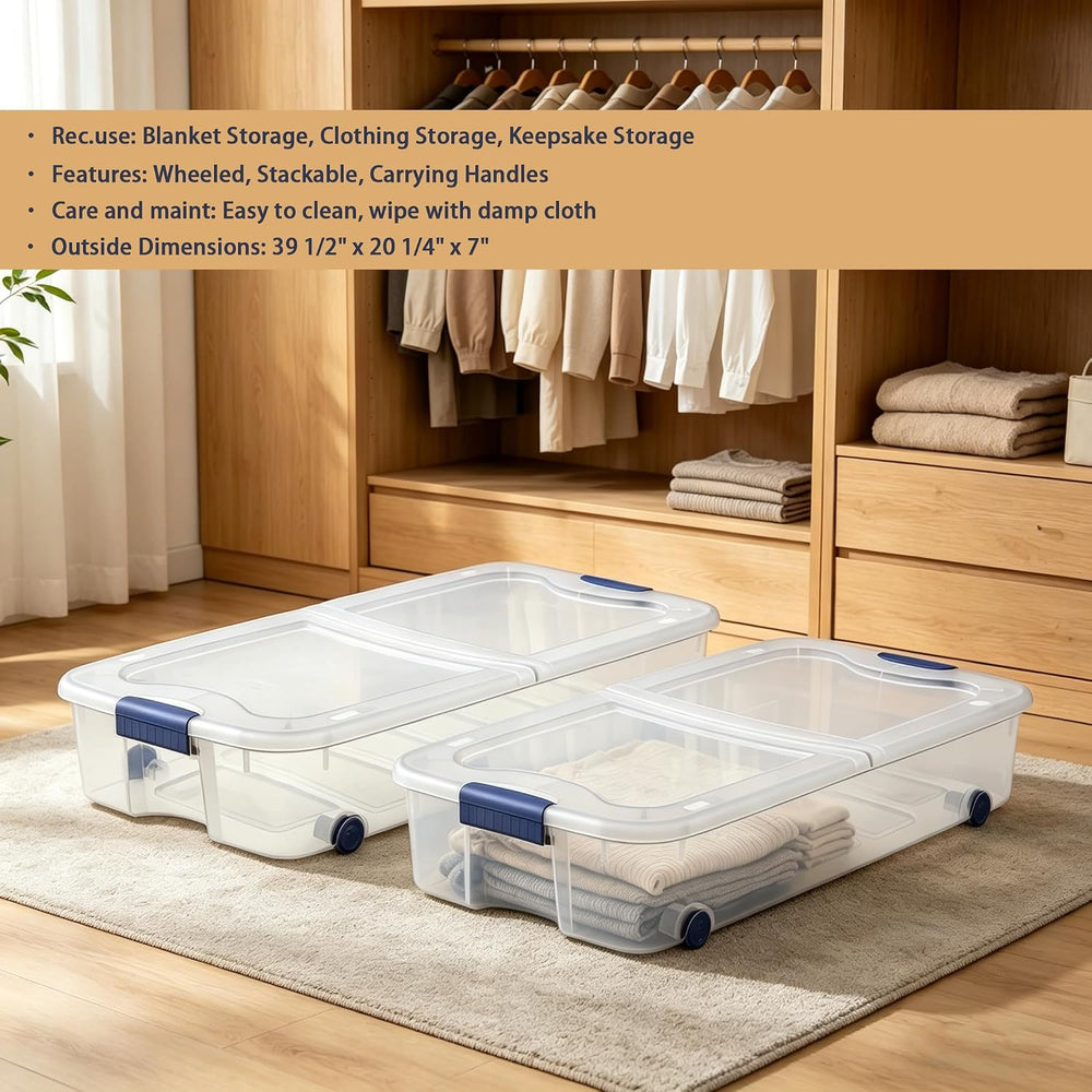 66 Quart Clear Plastic Underbed Storage Bin with Latching Lid and Wheels, Sta...