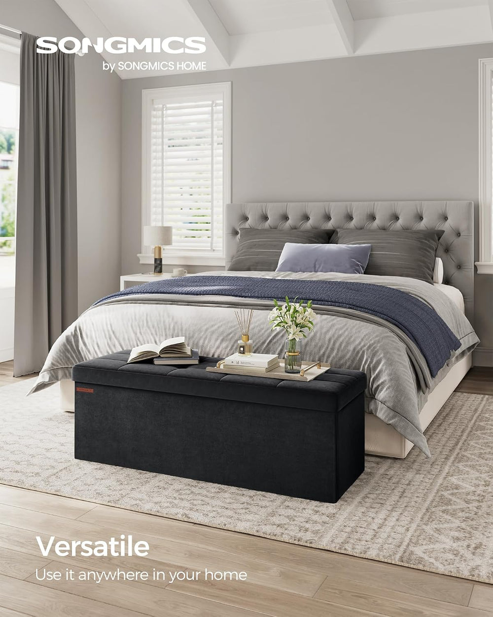SONGMICS Storage Ottoman Bench, 43.3 Inches Velvet Foldable Foot Rest