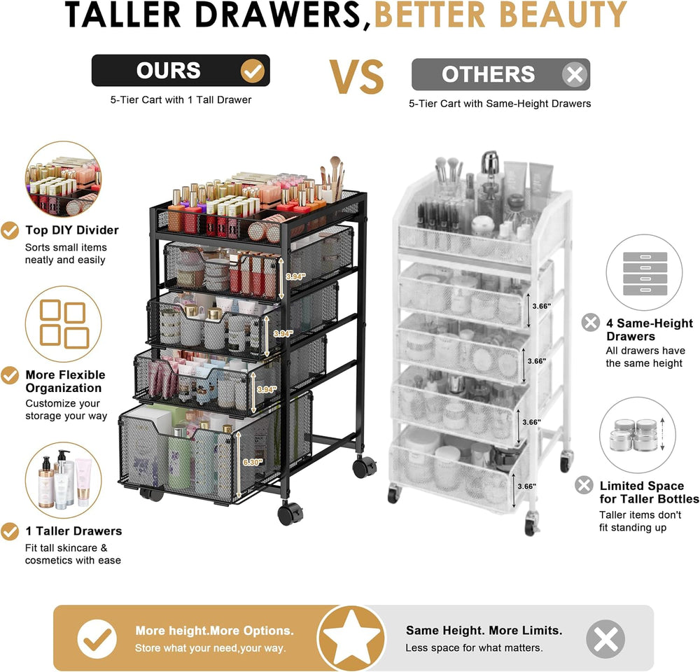 5-Tier Rolling Makeup Cart Organizer with 4 Drawers, Cosmetics Display with D...