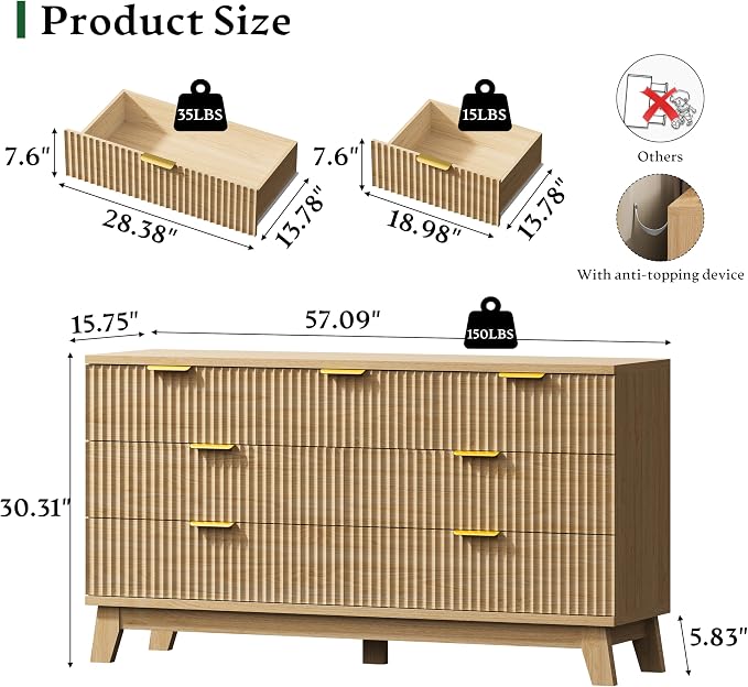 Fluted Dresser with 7 Drawers, Wooden Dresser TV Stand, Wood Closet Clothes