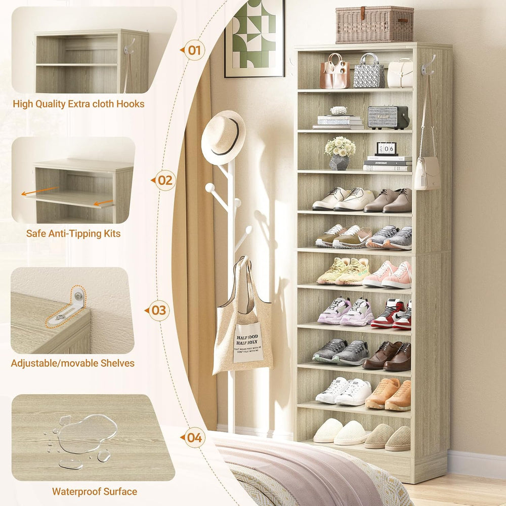Aheaplus 10 Tiers Narrow Wood Shoe Rack,Tall Shoe Storage Cabinet,White Oak