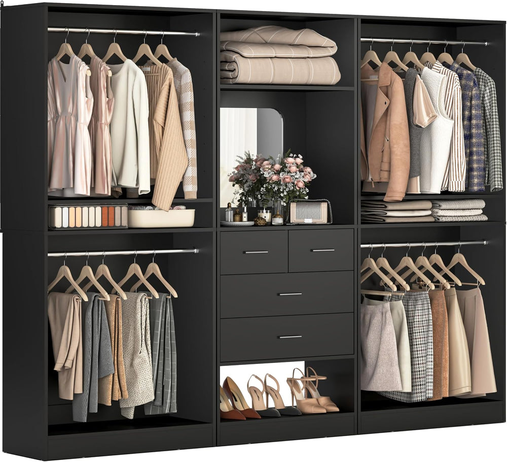 Unikito 97” Closet System with Mirror & 4 Drawers, 8.1FT Heavy Duty Wood ...