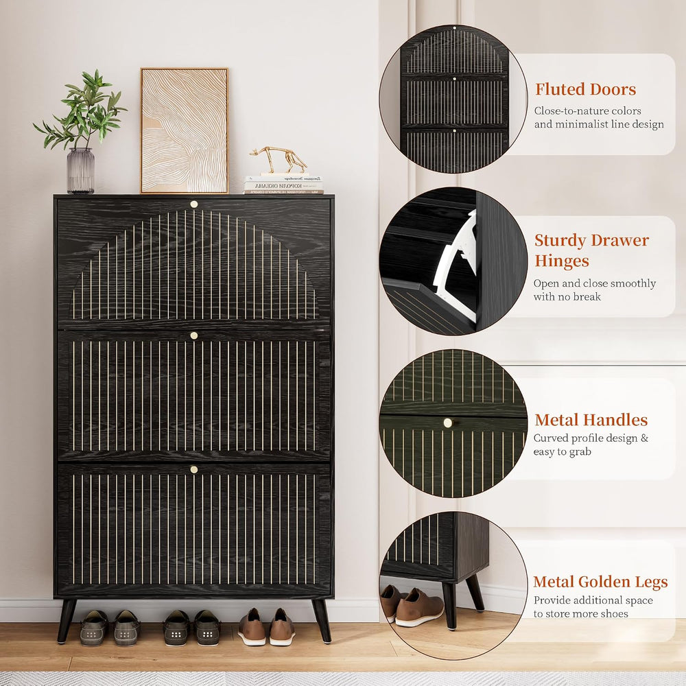 Fsbecl Shoe Storage Cabinet for Entryway with 3 Fluted Flip Drawers, Black