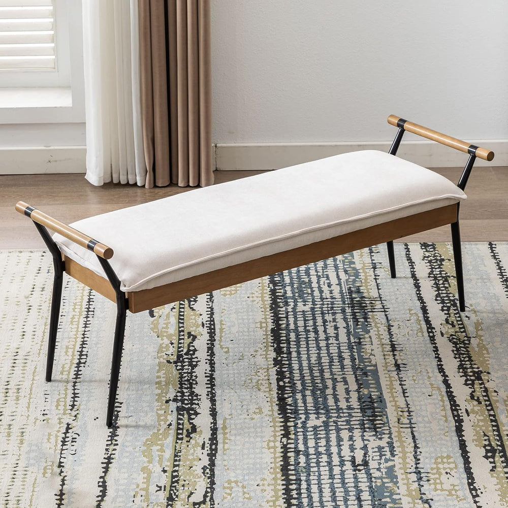DUOMAY Modern Chenille Ottoman Bench with Arms & Metal Legs, White