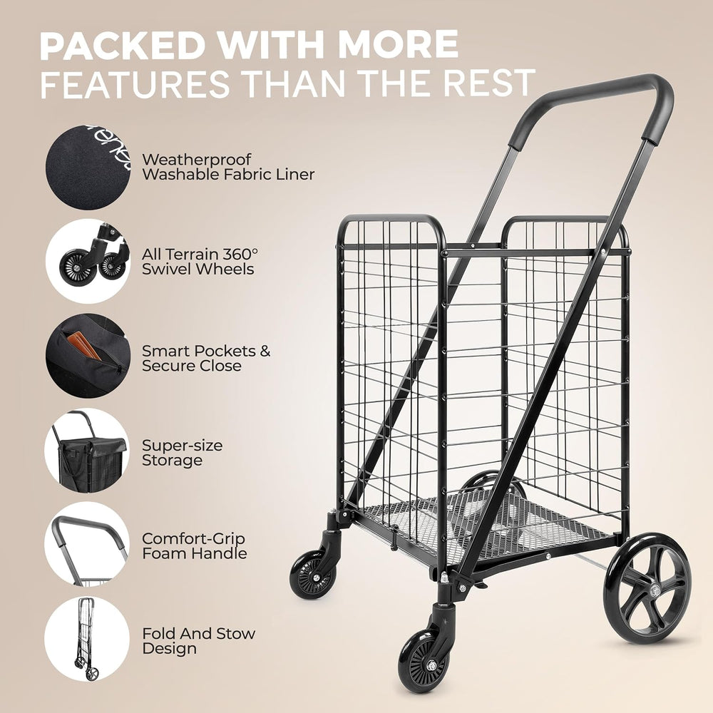 SereneLife Large Folding Utility Shopping Cart with Removable Liner – Heavy D...