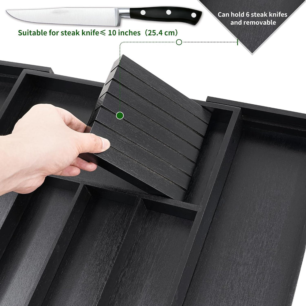 VaeFae Bamboo Silverware Drawer Organizer, 7 Slots, Black