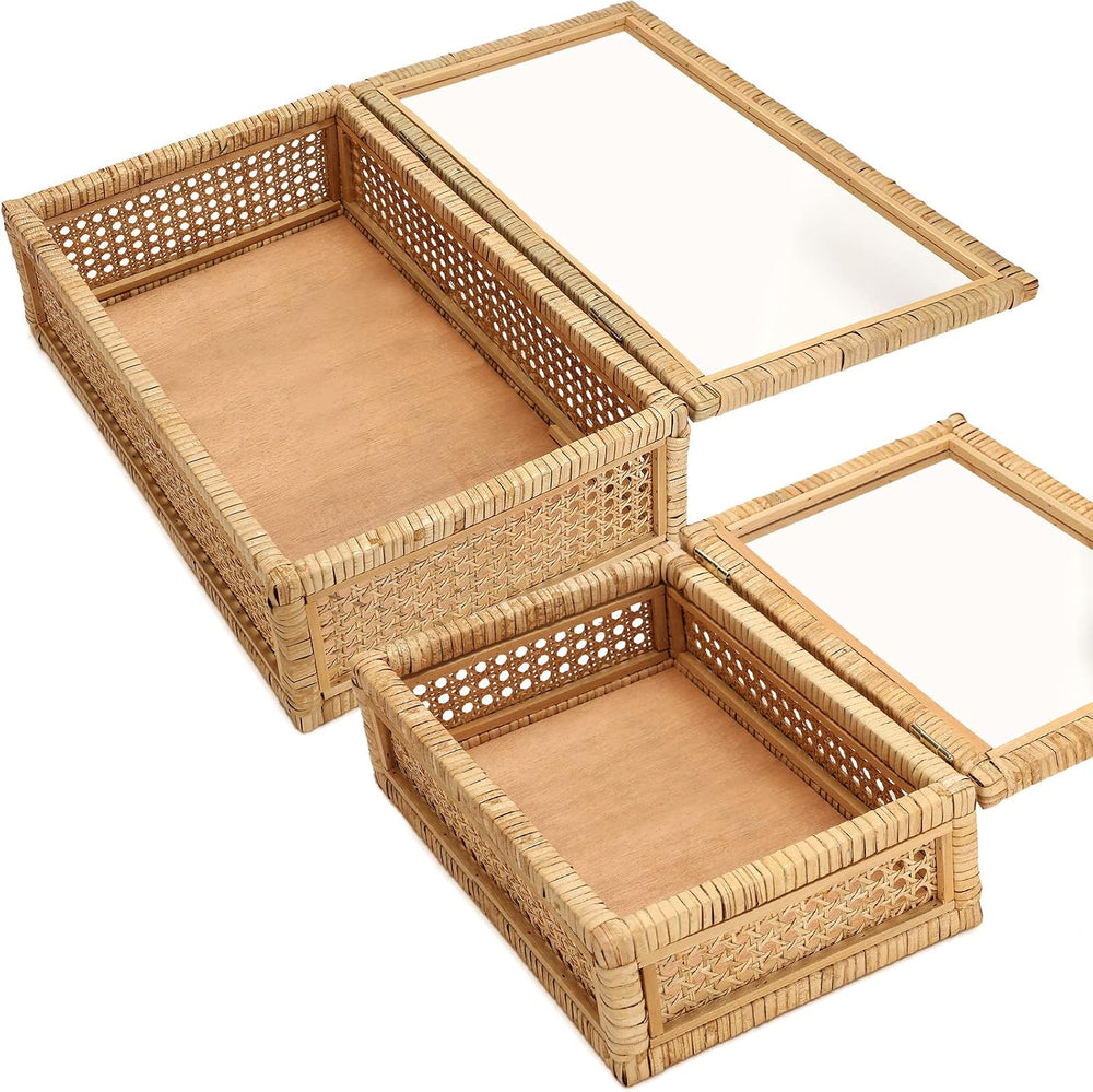 Amyhill Set of 2 Rattan Decorative Box with Glass Lid Rectangular Natural Wov...