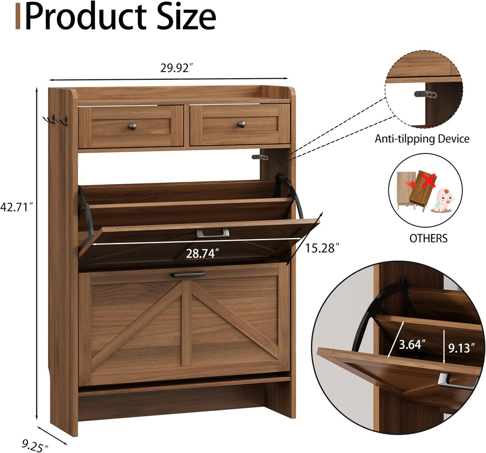 Shoe Cabinet with 2 Flip Drawers & 2 Top Drawers, 43" Tall Freestand...