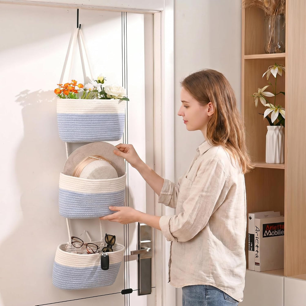Hanging Baskets for Organizing 3-Tier Basket Light Blue & Off White