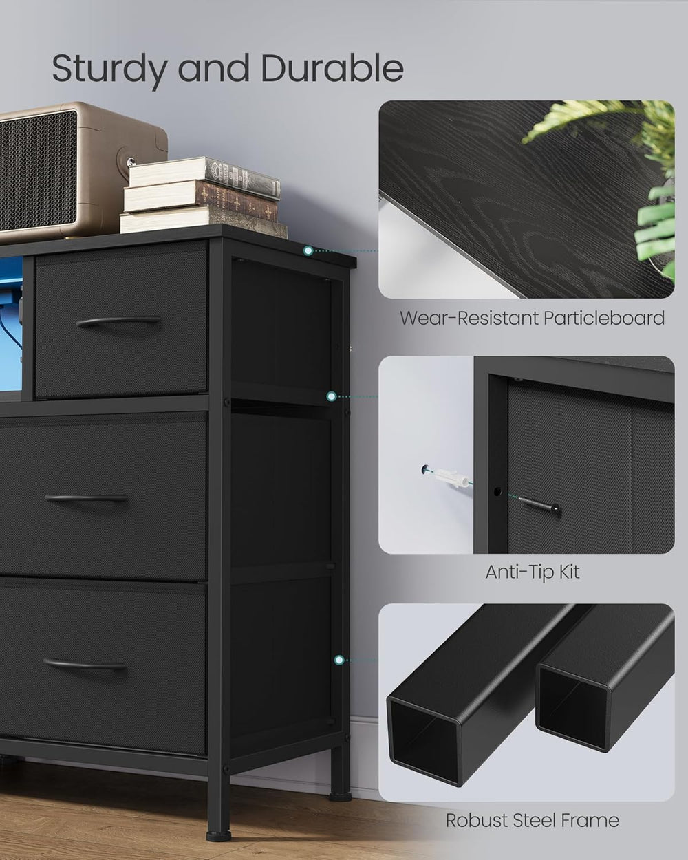 SONGMICS Dresser for Bedroom with Outlets & LED Lights, 8 Fabric Drawers
