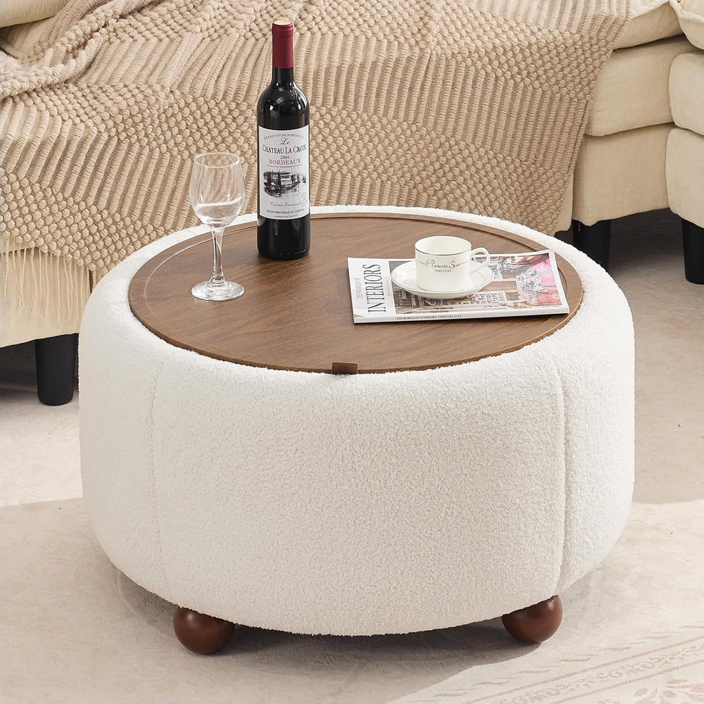 Round Storage Ottoman Coffee Table with Removable Top & Solid Wood Legs
