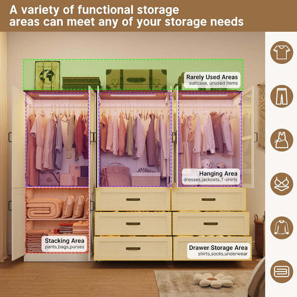 75" Tall Farmhouse 6 Doors Armoire Wardrobe Closet with 3 Drawers and LE...