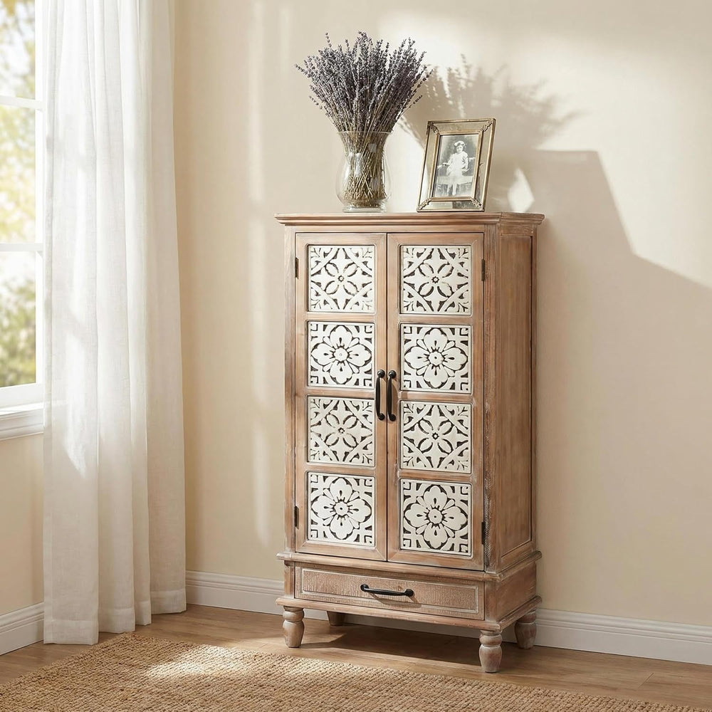 LKTART 55" Tall Carved Accent Cabinet,Solid Wood Sideboards Buffet Cabinet