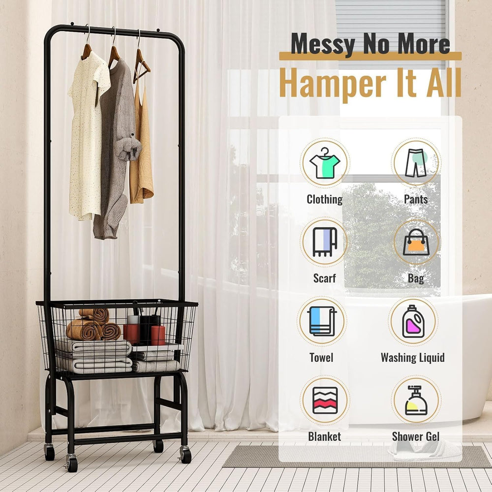ALIMORDEN Rolling Laundry Cart with Hanging Rack & Metal Basket, Black