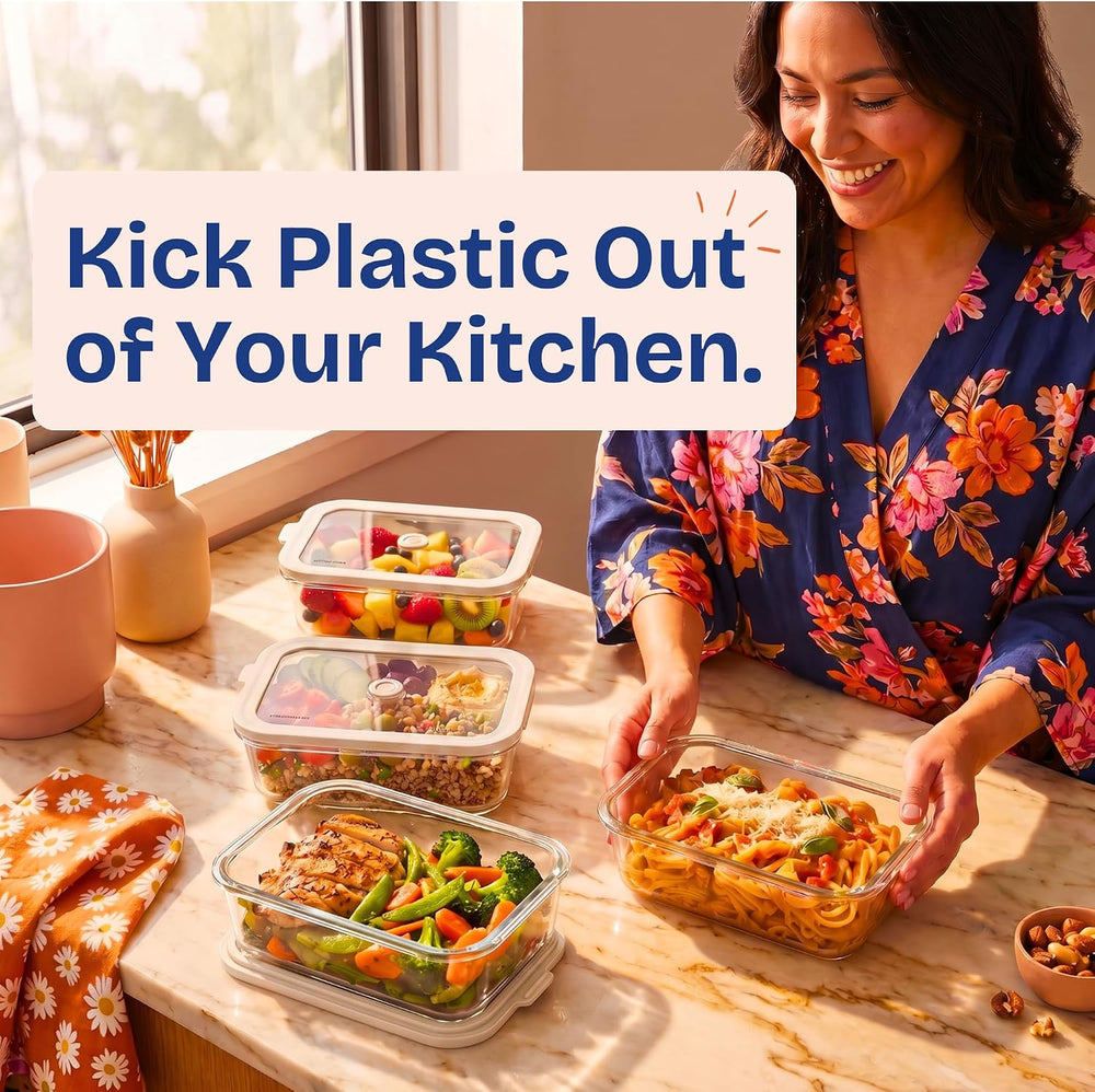Non-Toxic Glass Food Containers with Lids, 4-Pack, 35 oz, Airtight, Beige