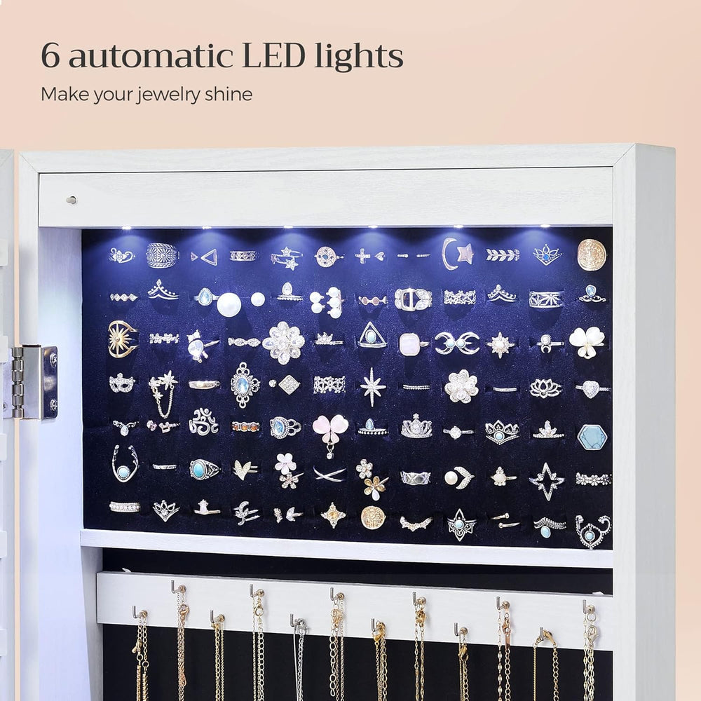 SONGMICS 6 LEDs Mirror Jewelry Cabinet, 47.2-Inch Tall Lockable Wall or Door ...