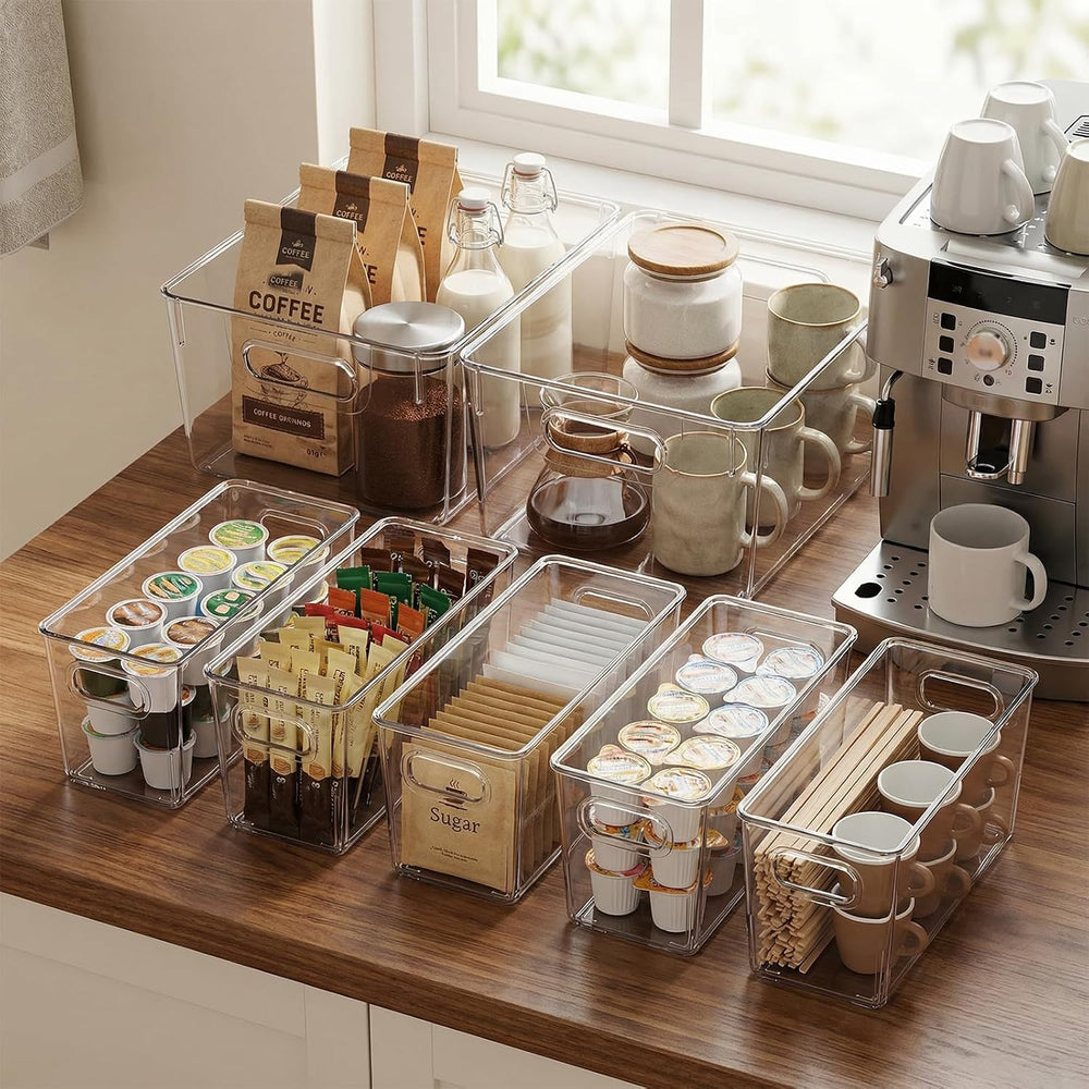 MOONEDGE 10 Pack Clear Plastic Storage Organizer Bins, 4 Large & 6 Narrow