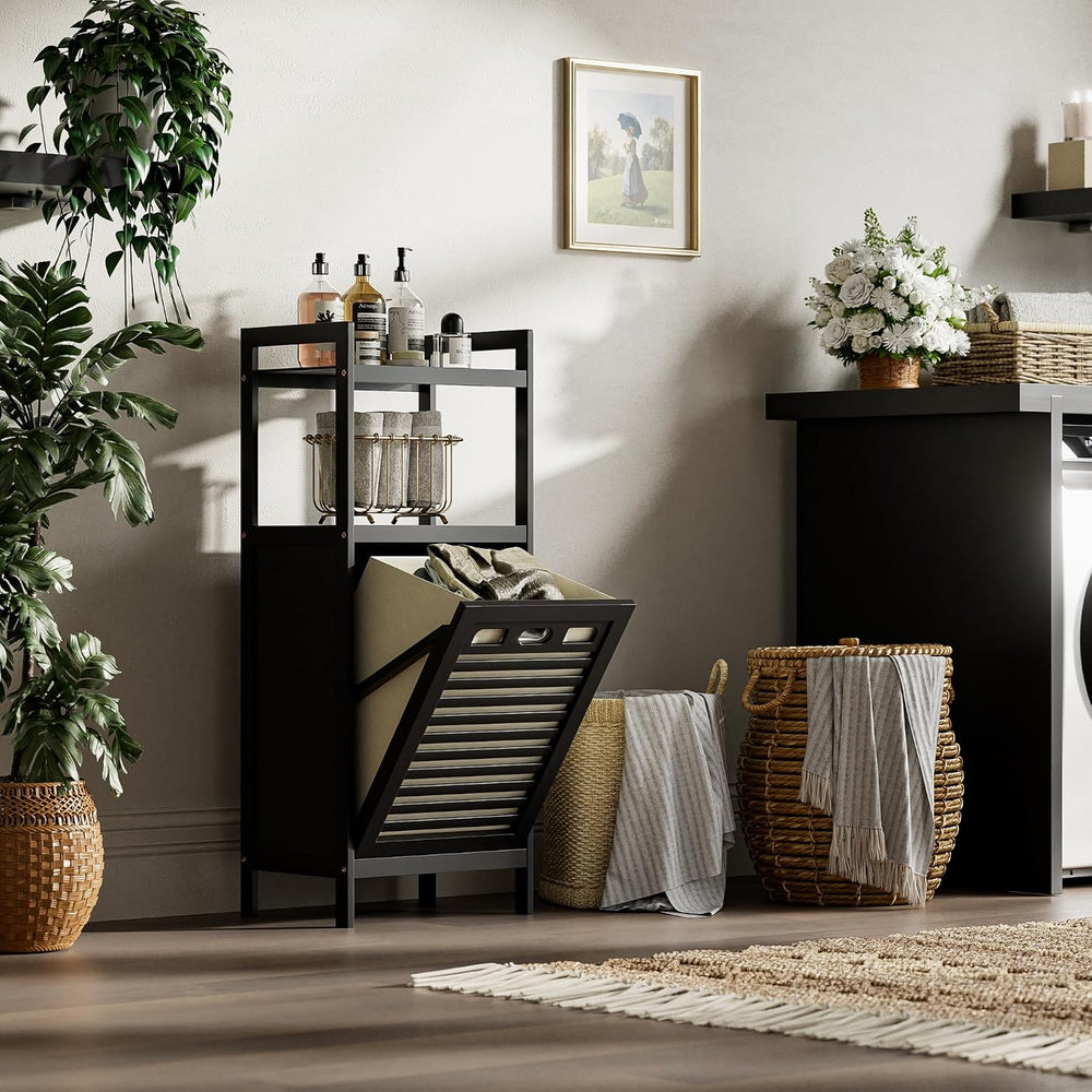 HITNET Tilt Out Laundry Hamper, Bamboo Bathroom Cabinet with Pull Out Removab...