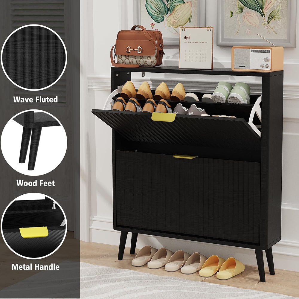 KIGOTY Narrow Shoe Storage Cabinet, Shoe Cabinet with 2 Flip Drawers, Freesta...