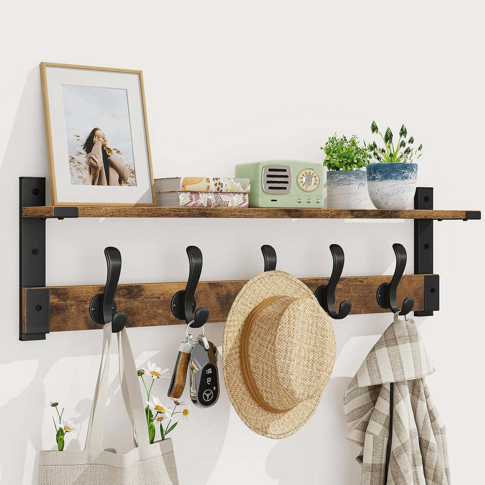 Homode Coat Rack Wall Mount, 29 Inch Long Shelf with Hooks, Rustic Brown