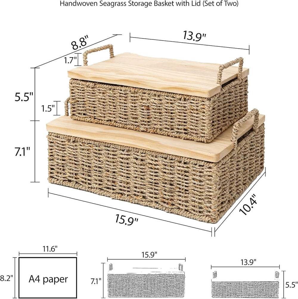Woven Seagrass Wicker Storage Basket Set of 2 with Wooden Lids
