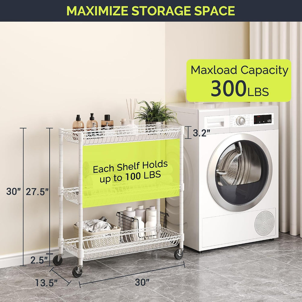 3-Tier Rolling Storage Shelves with Wire Baskets,30 x 13.5 x 30in