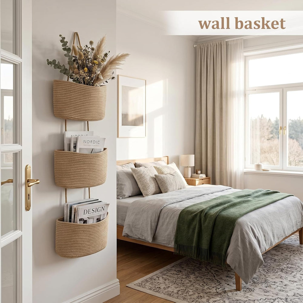 Over the Door Hanging Storage Basket 3 Tier Wall Organizer Jute Color