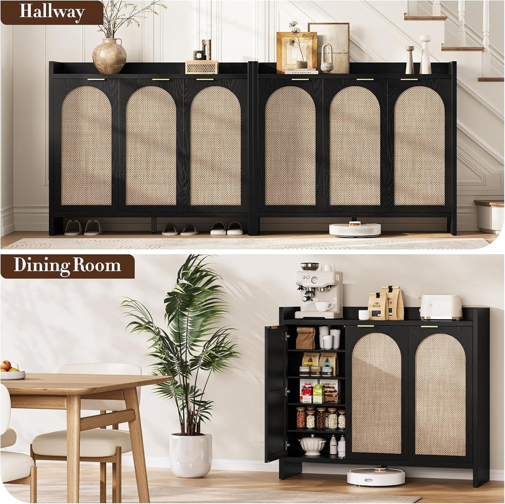 Shoe Cabinet Storage for Entryway - Rattan Accent Cabinet with 3 Doors & ...