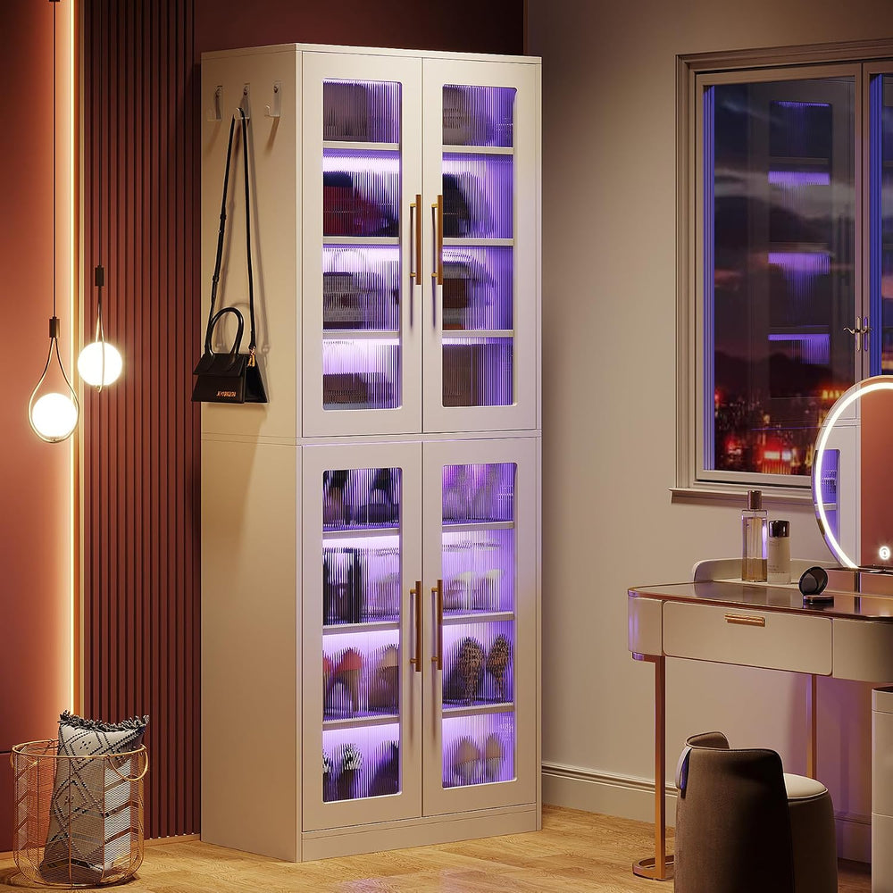 Tribesigns Tall Shoe Storage Cabinet with Acrylic Doors and LED Lights, 8-Tie...