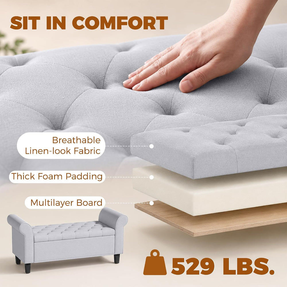 HOMCOM 47" Storage Ottoman End of Bed Bench with Rolled Arms Light Gray