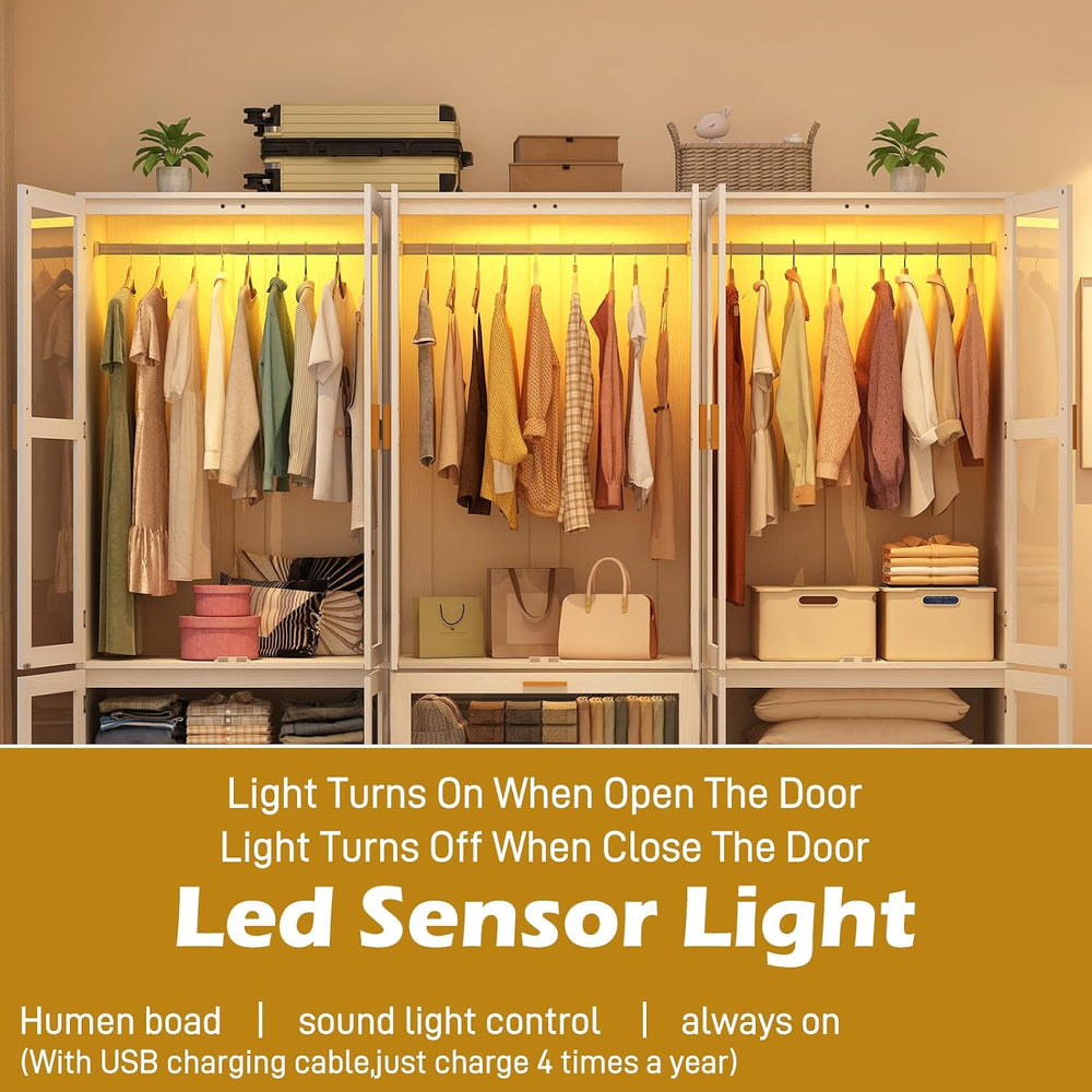 6 Doors Armoire Wardrobe Closet with LED and Mirror,71" H Freestanding W...