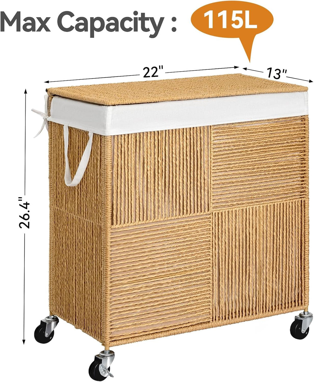 WOWLIVE Double Laundry Hamper with Wheels, Handwoven Rolling Laundry Basket