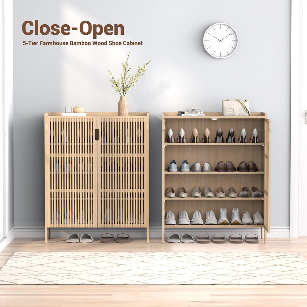 Shoe Storage Cabinet for Entryway, 5-Tier Bamboo Shoe Organizer with Doors