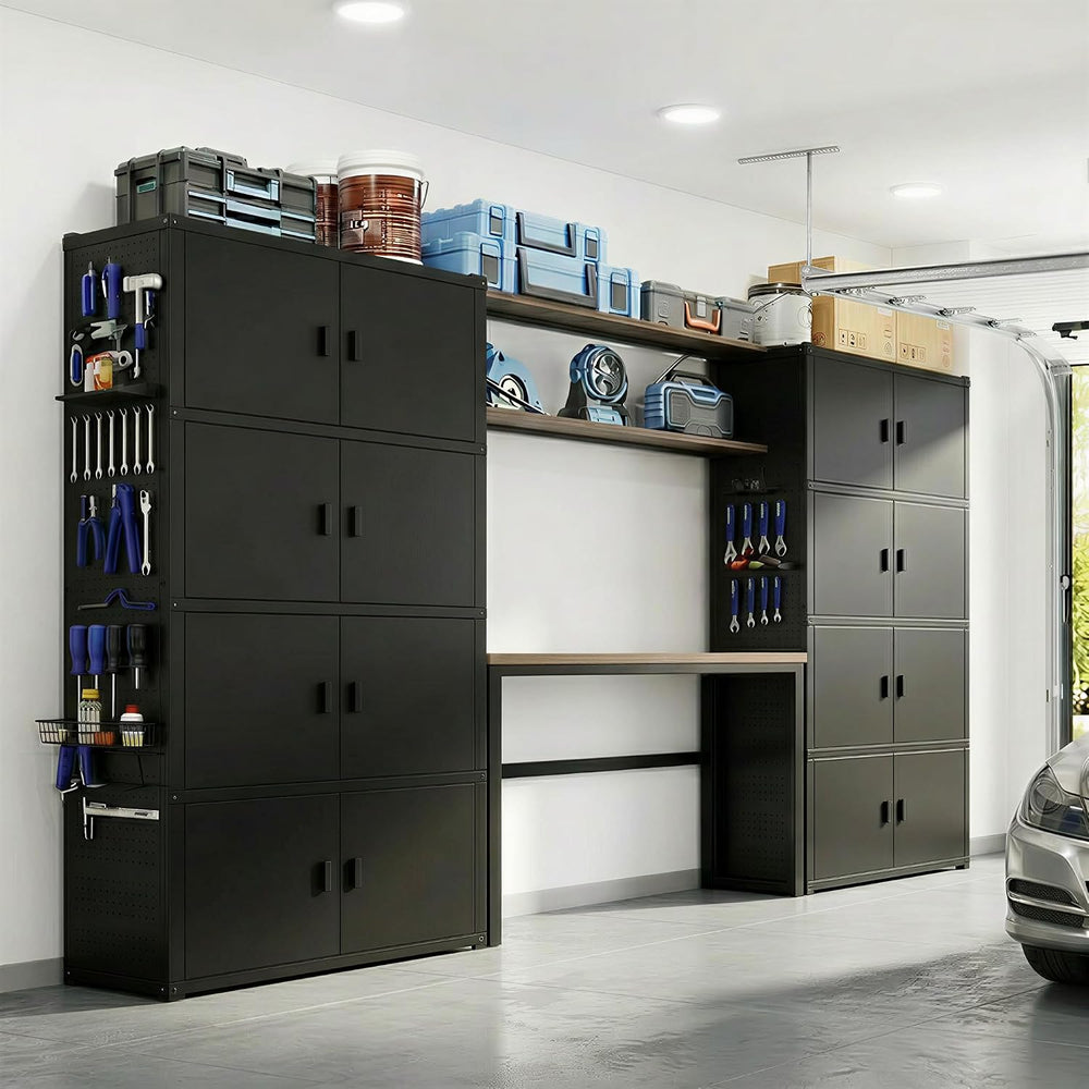 FLEXIMOUNTS Garage Storage Cabinet System with Workbench & Pegboard, Black