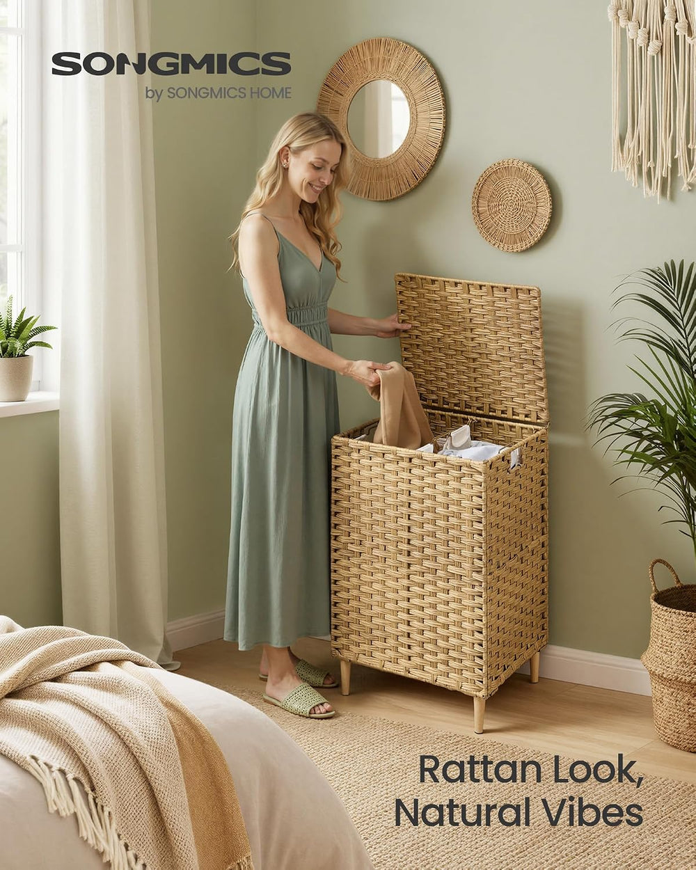 SONGMICS 2-Section Laundry Hamper with Lid, PE Rattan, 29 Gallons (110 L)