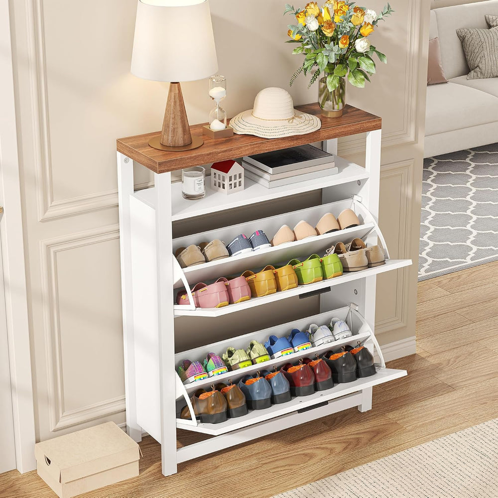 Shoe Storage Cabinet with 2 Flip Drawers, 4 Tires Farmhouse Shoe Organizer wi...