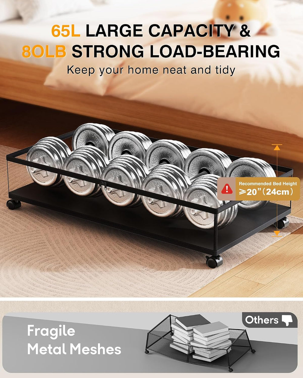 Under Bed Storage with Wheels,2Pack Underbed Shoe Storage Organizer,7.5-10.6 ...