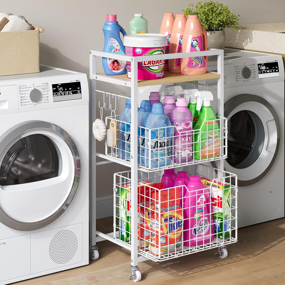 Hongtamoya 3 Tier Laundry Room Cart with Pull-Out Baskets, Storage Cart with ...