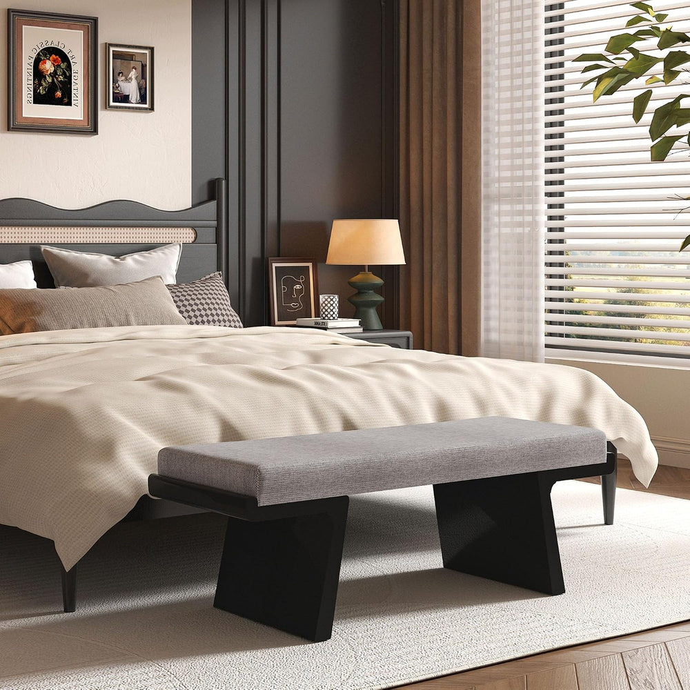 47.2" Black Wood Bedroom Bench, Upholstered Entryway Bench, Linen