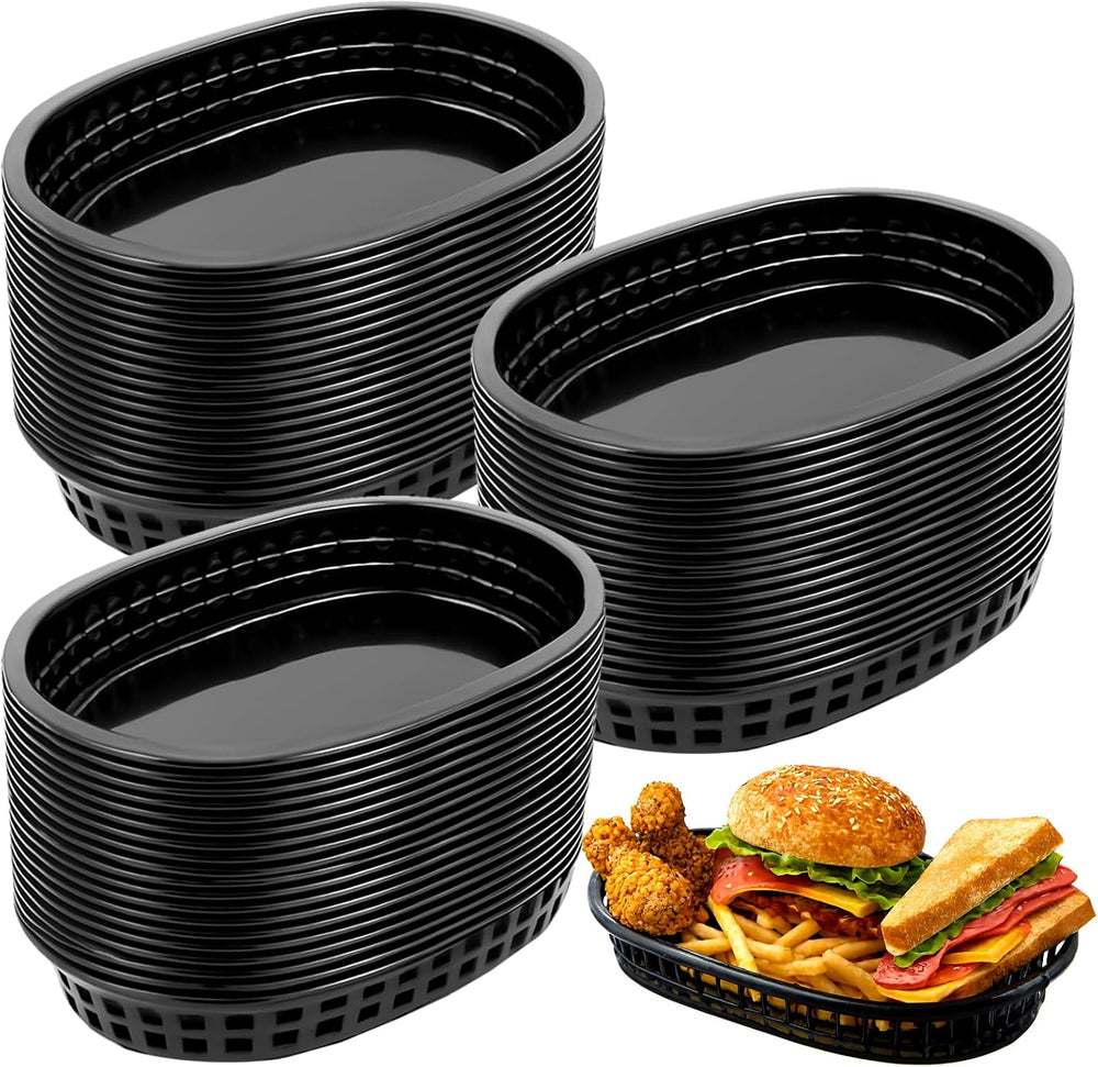 60 Pack Fast Food Baskets, 10.5 x 7 Inch Black Plastic Basket Restaurant Tray...