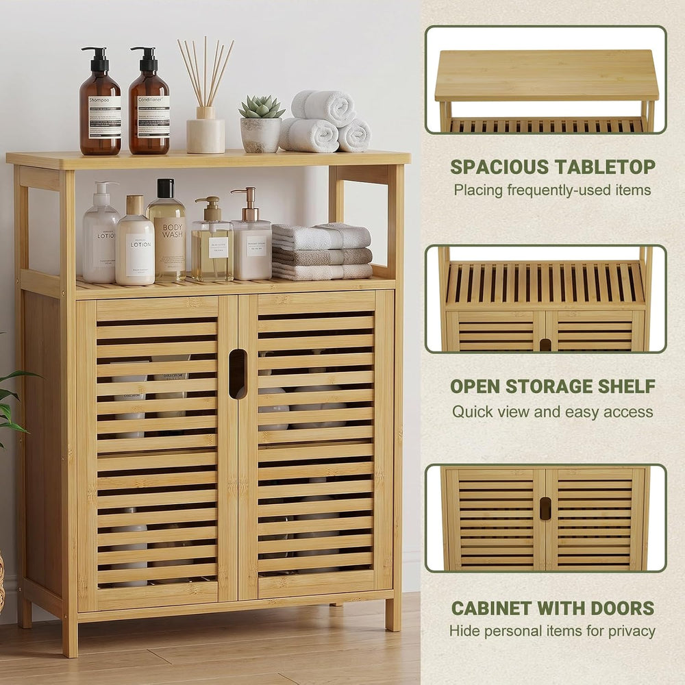 Bamboo Freestanding Bathroom Floor Storage Cabinet with Doors & Shelf