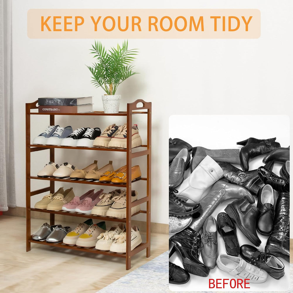 5 Tier Bamboo Shoe Rack, Free Standing Shoes Rack Shoe Shelf Shoe Organizer f...