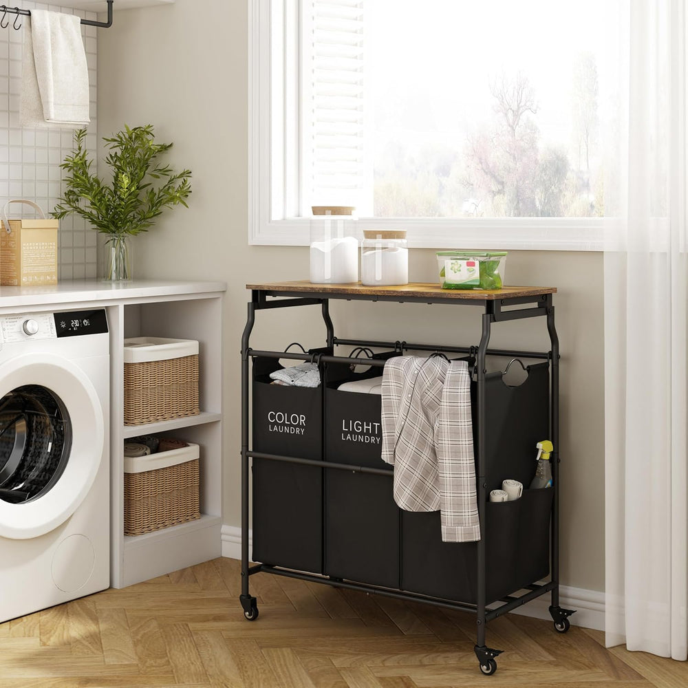 Hoctieon 3 Section Laundry Sorter with Iorning Board, Laundry Hamper, Black