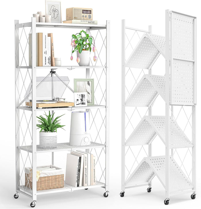 5-Tier Folding Metal Storage Rack - 63" Heavy-Duty Steel Frame with Wheels, No Assembly Utility Organizer, Rolling Shelving Unit for Kitchen, Garage, Pantry, Bedroom (White, 5 Tier)