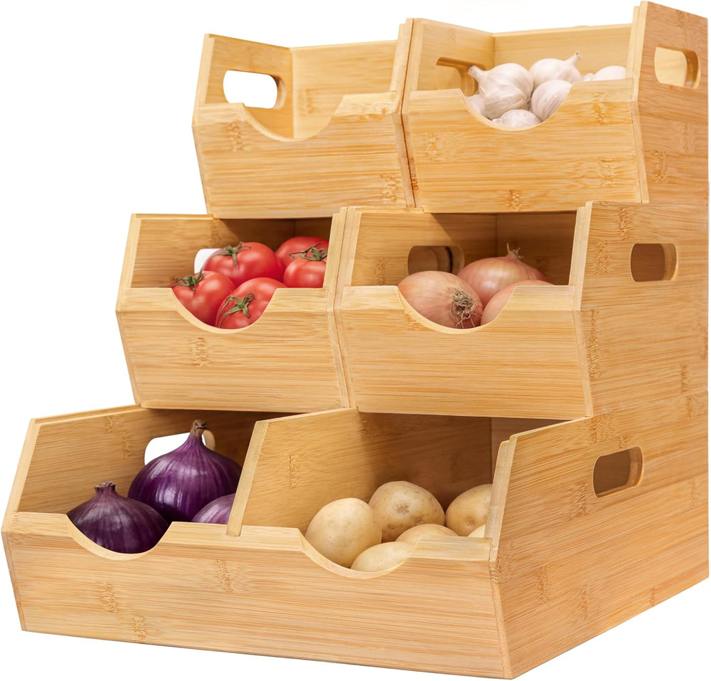 HOMESTEAD 3-Tier Bamboo Pantry Storage Bins – Stackable Potato & Onion St...