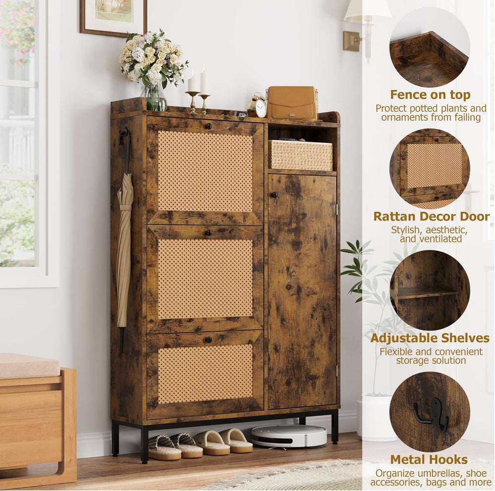 GarveeHome Shoe Cabinet Rattan with 3 Flip Drawers